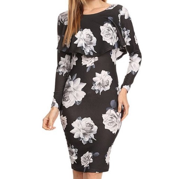 Dresses & Skirts - Black & Gray Floral Ruffle Bodice Bodycon